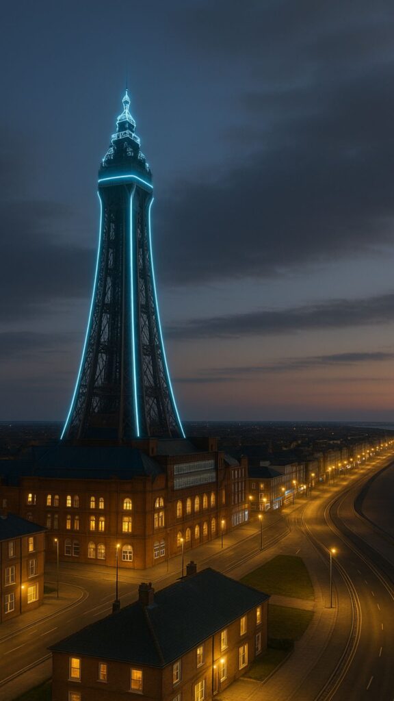 A modern, stylized image of Blackpool's cityscape at dusk, with iconic landmarks like Blackpool Tower and the coastline clearly visible. Overlay the scene with subtle digital elements such as glow